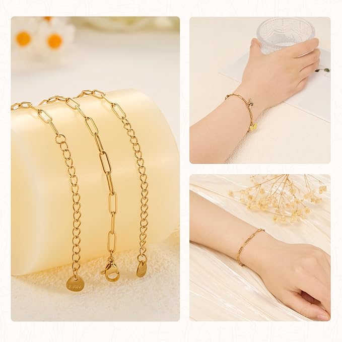KYUNHOO 10 PCS 6.3 Inches Stainless Steel Paperclip Bracelet Chains Bulk Gold Plated 3MM Wide Paper Clip Chain for Jewelry Making with Extender