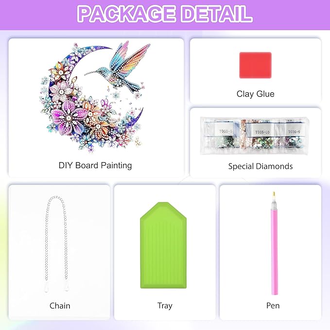 QENSPE Hummingbird Diamond Art Hanging Kits for Adults, 5D Moon & Flowers Special Shape Diamond Paingting Ornaments with Chain, DIY Crystal Window Pendants for Home Wall Decor Double Sided 8X8 inch