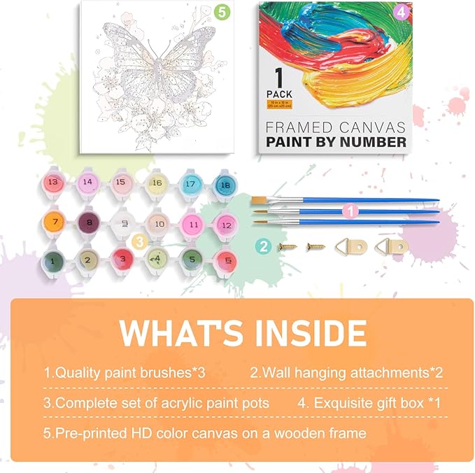 Framed Paint by Numbers Kit for Adults Beginners & Kids Ages 8-12, Butterfly Flowers Acrylic Easy Paint by Number with Frame, Paint by Number Kits on Canvas Framed (10 * 10 Inch, without Easel)