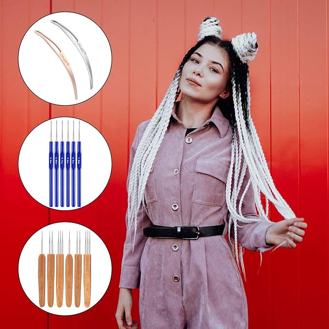WILLBOND 14 Pcs Dreadlock Crochet Hook Set Include 6 Dreadlocks Crochet Needle 2 Hair Locking Tools 6 Hooks 0.5 mm 0.75 mm Needle Weaving, 1/2/3 Hooks for Locs Braid Craft(Blue)