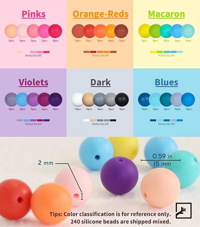 ZIFTY 240Pcs Silicone Beads for Keychain Making Kit 15mm Silicone Beads Bulk 30 Colors Loose Round Rubber Silicone Focal Beads for Pens, Necklace Bracelet Making Kit, Jewelry, Art, Crafts, DIY