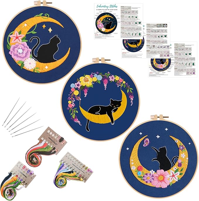 Louise Maelys 3 Sets Cat Moon Embroidery Kits for Beginners with Floral Pattern, Cross Stitch Kit for Adults, DIY Needlepoint for Starter