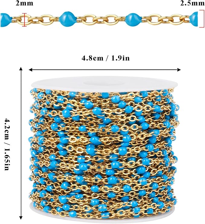 33 Feet Gold Enamel Chains Bulk, 2mm 18K Gold PVD Plated 304 Stainless Steel Light Blue Enamel Beaded Cable Link Chain Roll Spool for Jewelry Making