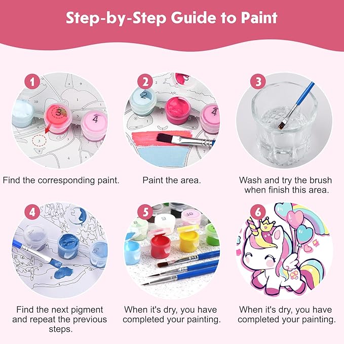 NEWENMO 4 Pack Paint by Number for Kids with Wooden Frame, Cute Unicorn Paint by Numbers for Kids Ages 8-12, Rainbow Unicorn, DIY Acrylic Oil Painting for Beginners for Home Wall Decor 8X8 inch