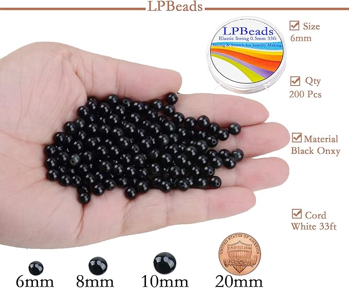 LPBeads 200Pcs Polished 6mm Round Natural Black Onxy Gemstone Loose Beads with Stretch Cord for Jewelry Making Bracelets