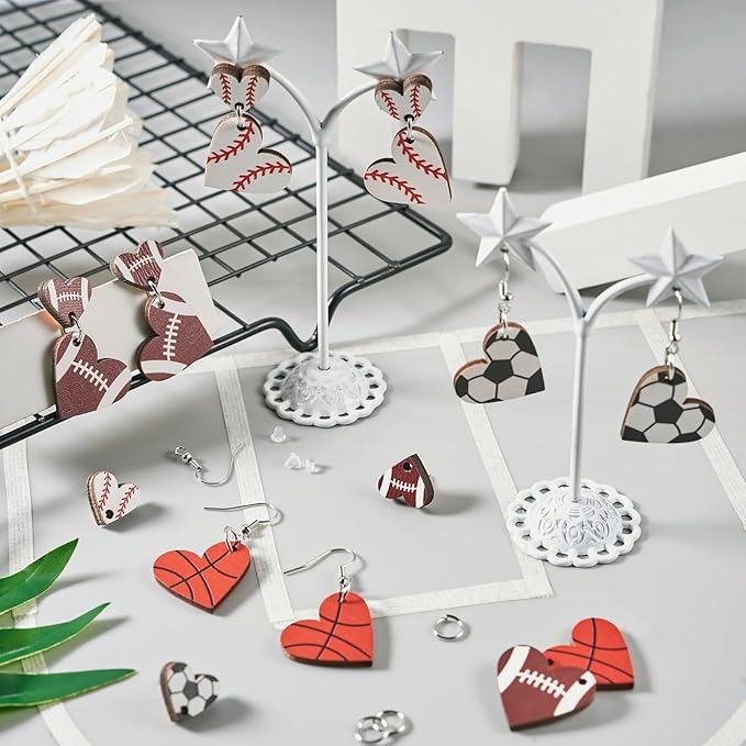Beadthoven Wood Earrings Making Kit Sports Love Heart Shape Wood Pendants with Stud Earrings Printed Sport Ball Dangle Earring Charms Earring Hooks Jump Rings Ear Nuts for Jewelry Making Sport Lover