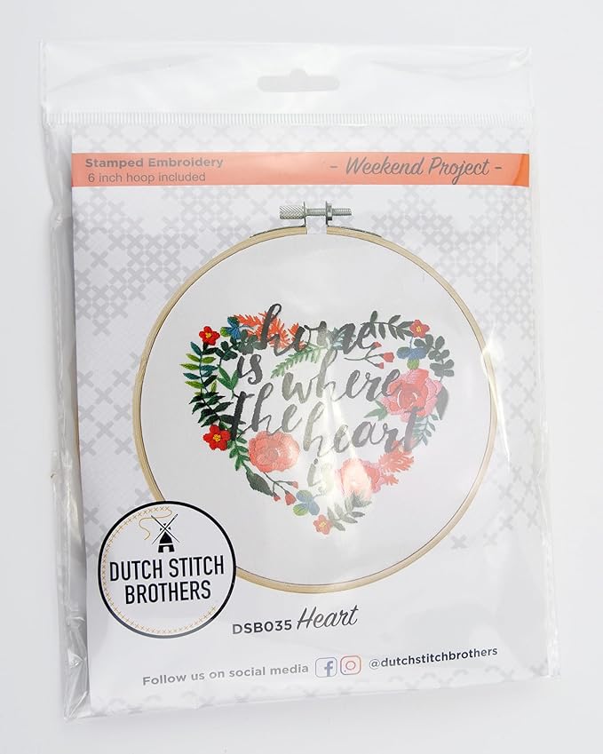 DUTCH STITCH BROTHERS Heart Embroidery Starter Kit with Pattern and Instructions. Stamped Embroidery Kits with Embroidery Clothes with Pattern. 6" Embroidery Hoop