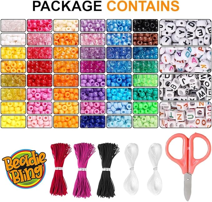 Beadiebling 4000 Pcs 6 * 9mm Pony Beads Bulk in 48 Colors - Friendship Bracelet Making Kit with 2400 Plastic Beads & 1600 Letter Beads in 3 Storage Boxes with 2X Strings, 3X Braided Ropes & Scissor