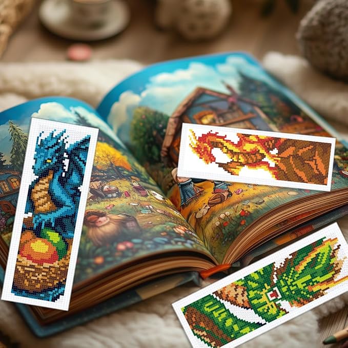 INFUNLY 6 Set DIY Cross Stitch Bookmark Kit Loong Cross Stitch Kits 8"x2.4" Pre-Printed Dragon Stamped Embroidery Bookmark Kit with Instructions for Beginners Book Lovers Adults Gift