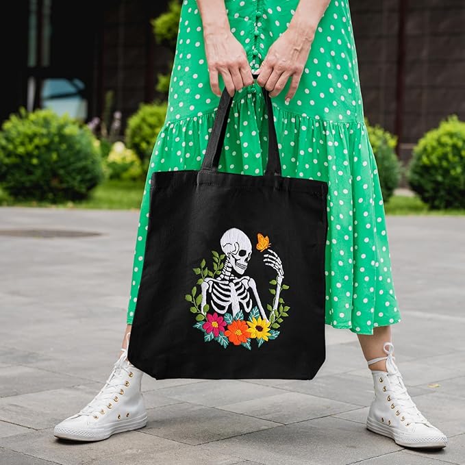 louise maelys helloween embroidery kit canvas tote bag for beginners,cross stitch kits for adults,diy crafts skull flowers pattern,women shopping reusable grocery bags
