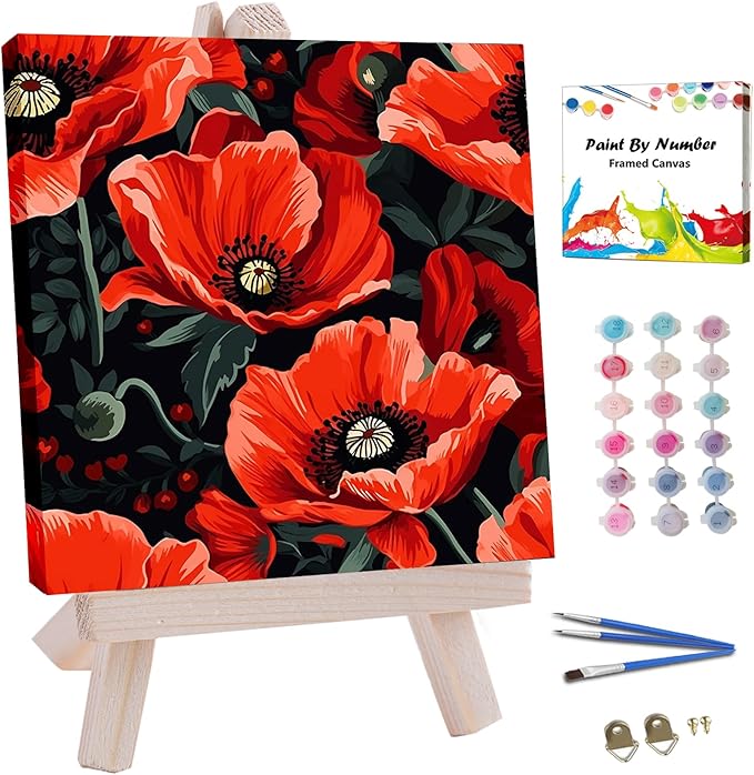 JUJUHOOD Red Poppy Paint by Numbers Kit for Adults Beginner & Kids Ages 8-12, Easy Flower Paint by Number Without Easel, Simple Paint by Numbers for Gift Home Wall Decor (10x10Inch)