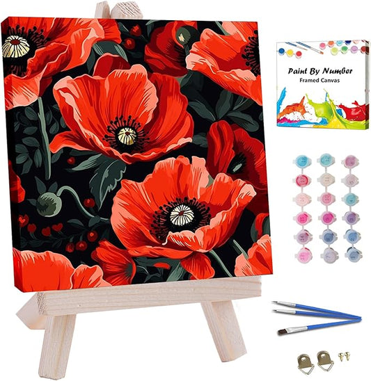 JUJUHOOD Red Poppy Paint by Numbers Kit for Adults Beginner & Kids Ages 8-12, Easy Flower Paint by Number Without Easel, Simple Paint by Numbers for Gift Home Wall Decor (10x10Inch)