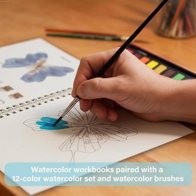 Watercolor Workbook, Water Coloring Book, Beginner-Friendly Watercolor Workbooks with 12 Colors Paint Set with Paint Brush, Suitable for Adult
