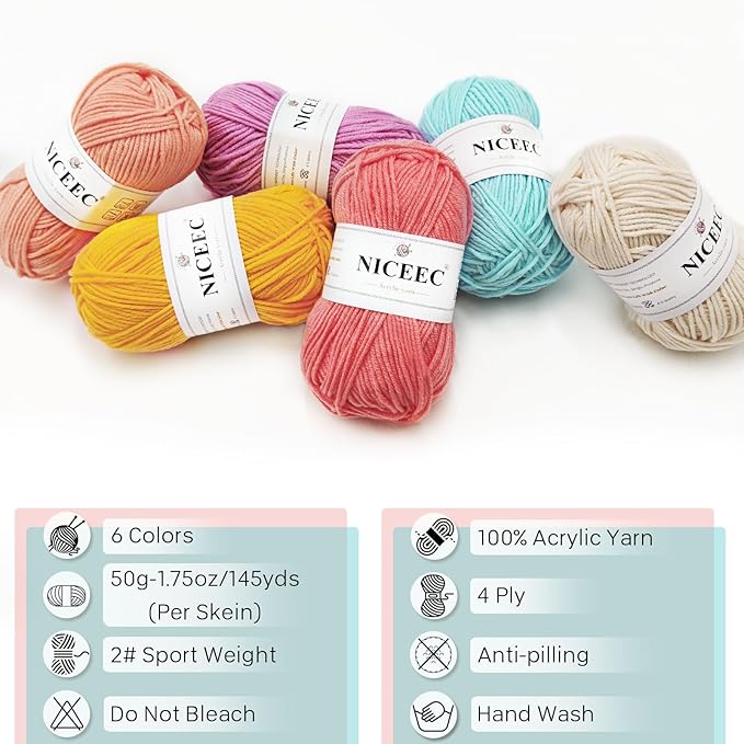 NICEEC 300g Soft Assorted Colors Yarn - Sport Weight,100% Acrylic, 4 Ply, Bonbons Yarn for Crochet & Knit, DIY Project Starter Kit for Kids or Adults(Total 870yds) - Series 14