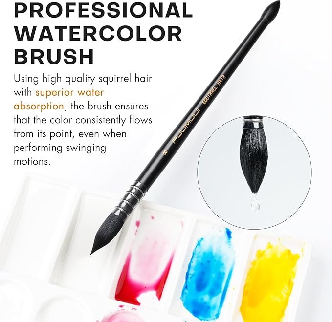 3PCS Squirrel Hair Watercolor Brushes, Fuumuui Professional Mop Round Quill Detail Fine Tip Watercolor Paint Brush Set for Water Color Gouache Ink Painting - Sizes #2, 4, 8