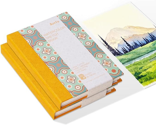 2 Pack Arrtx Watercolor Sketchbook, 5.35x3.86, 140 LB, 300 GSM, 100% Cotton Paper, Hot Press, 40 Sheets, Hardcover Watercolor Journal for Use As Travel Notebook for Artists Adults Students