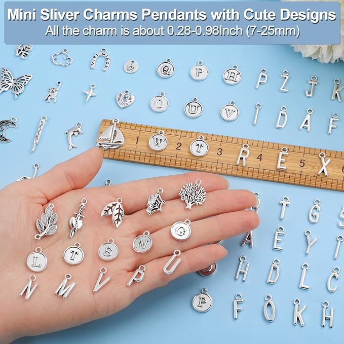 Modacraft 254 Pcs Silver Charms for Jewelry Making with Alphabet Letters, Wholesale Bulk Tibetan Silver Charm Pendants for Bracelet Necklace DIY Crafting