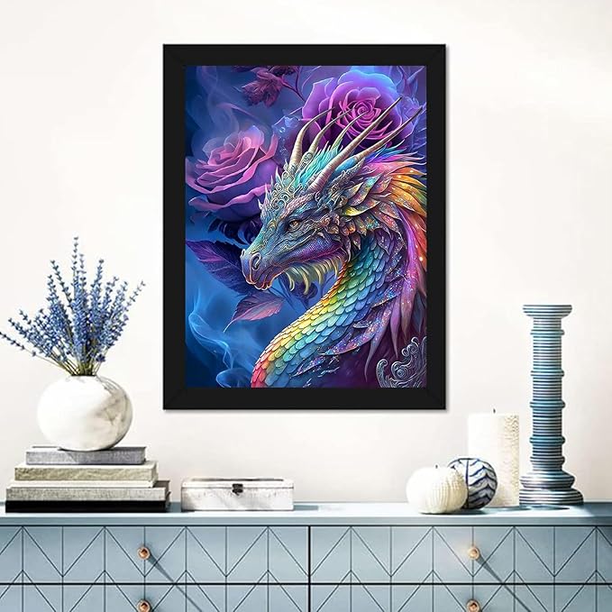 Meothan 5D Diamond Painting Kits for Adults Rose Dragon Diamond Art Kits for Adults Full Drill Coloured Diamond Painting Dragon Kit for Beginners, DIY Gem Art Crafts for Home Wall Decor 12x16in