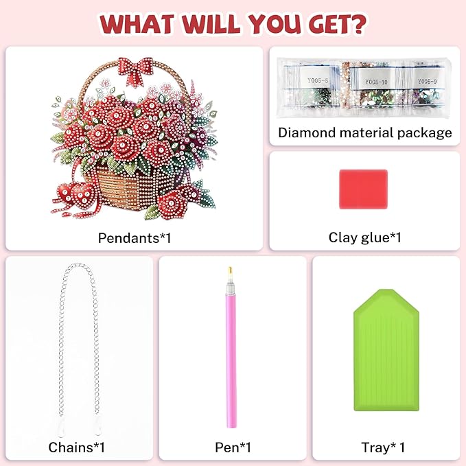 Bowetile Valentine's Day Diamond Art Hanging Kits for Adults, Diamond Art Suncatchers Red Rose Basket, 5D Special Shape Diamond Painting Flower Pendant Window Ornament Gifts for Home Door Wall Decor