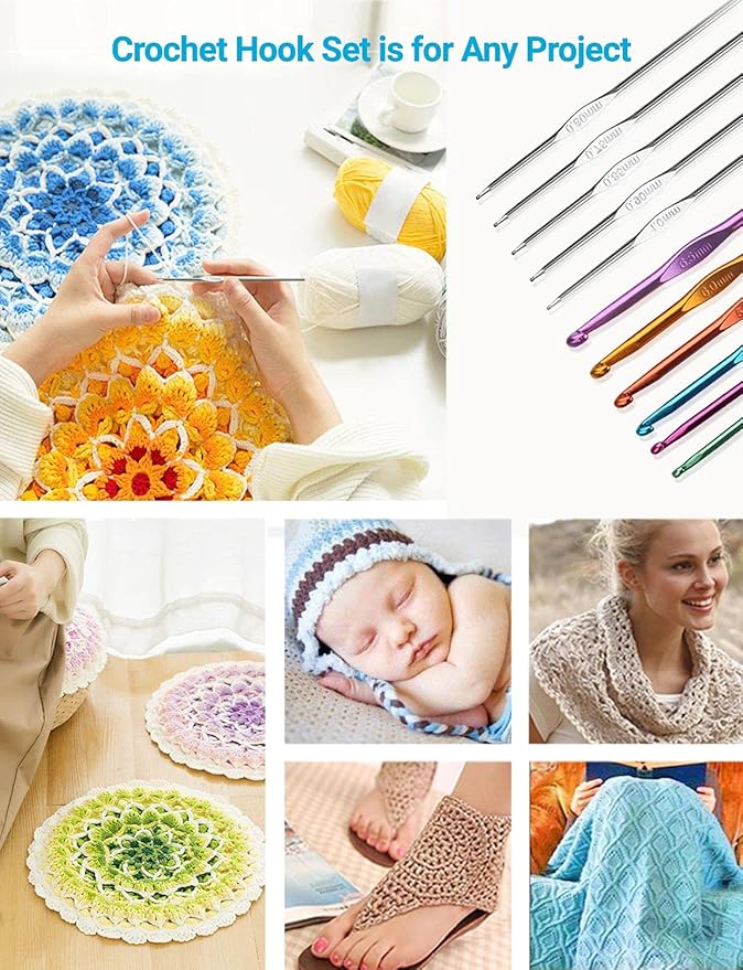 URWOOW 100 Pcs Crochet Hook Set with Yarn Knitting Needles Sewing Tools Full Set Knit Gauge Scissors Stitch Holders Household Tool Kit