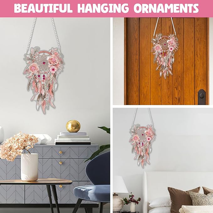NAIMOER DIY Hanging Diamond Art Kits for Adults, Pink Dream Catcher Diamond Painting Kits, Special Shaped Rhinestone, Acrylic 5D Gem Art Craft Window Pendants Home Garden Wall Hanging Ornament Kits
