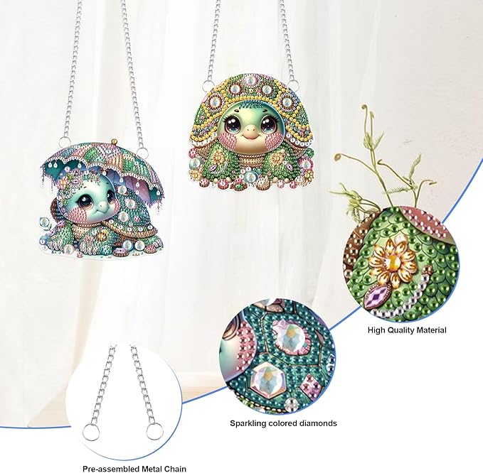 2 Pcs Cute Sea Turtle Diamond Painting Hanging Ornaments – 5D DIY Acrylic Pendant Kit with Irregular Shaped Gems, Mosaic Craft for Window & Wall Decor, Ocean-Themed Handmade Gift