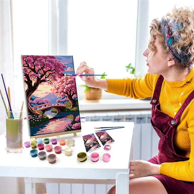 JOOZ Landscape Paint by Numbers Kit for Adults with Frame Sakura Paint by Number with Easel Mountain Adult Paint by Number Kits Framed Canvas F Lowers Oil Painting Kits for Home Wall Decor 8x12 Inch