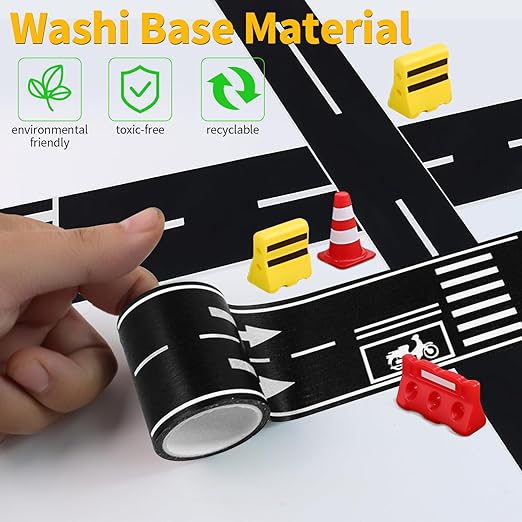 6 Rolls Roadway Tape, Race Cars Decorations for Kids Birthday Party, Race Track Tape Easy to Stick and Tear Without Leaving Any Traces, 92 FT Long 4 Types of Road Tape