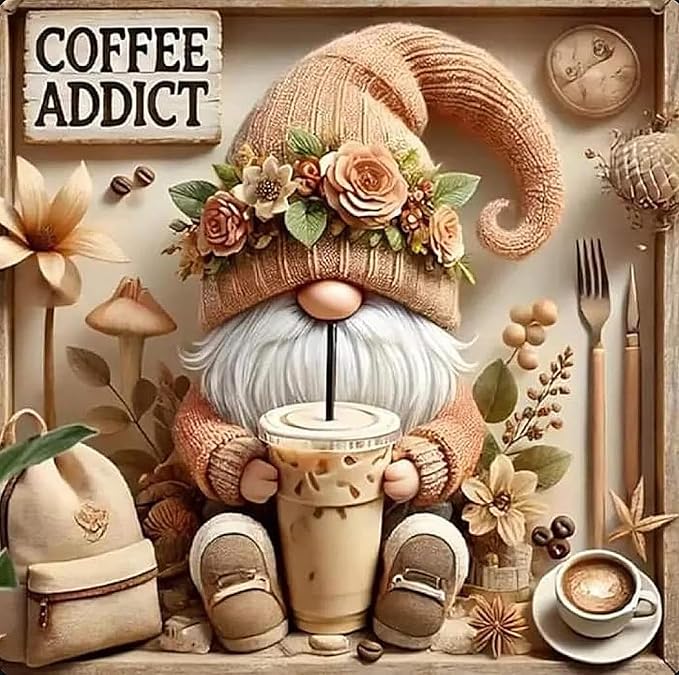 BYGFHLYW Diamond Art Painting Kits for Adults, Gnome Drinks Coffee 5D Diamond Painting Dots Art Kits for Adults Beginner, DIY Full Round Gem Crystal Art Paint by Diamond, Home Wall Decor 12 x 12 in