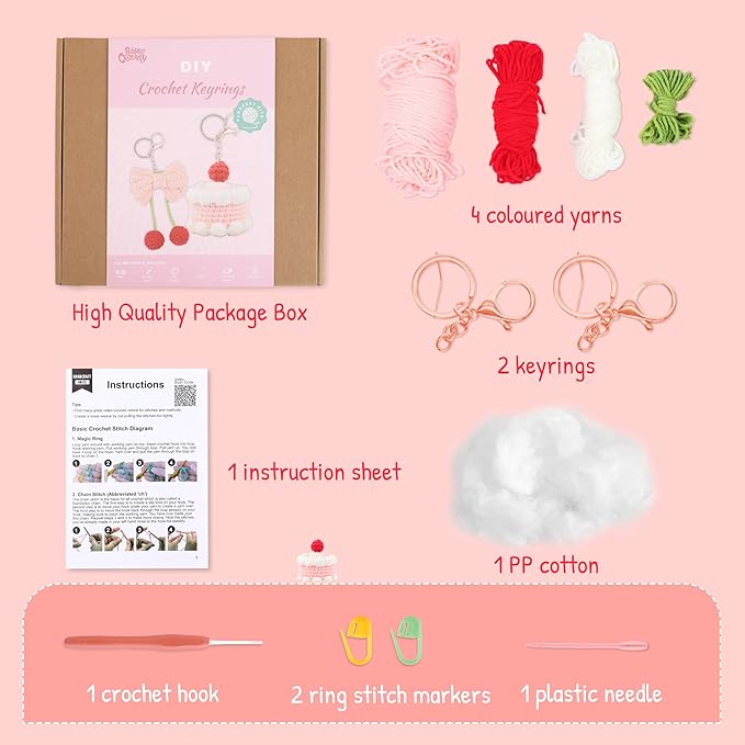 HOUSE CREATIVITY Crochet Keychain Kit for Beginners – Make 2 Cute Cake & Bow Charms, Amigurumi Crochet Starter Kit with Video Tutorial, Yarn & Keyring, DIY Bag Charm Gift