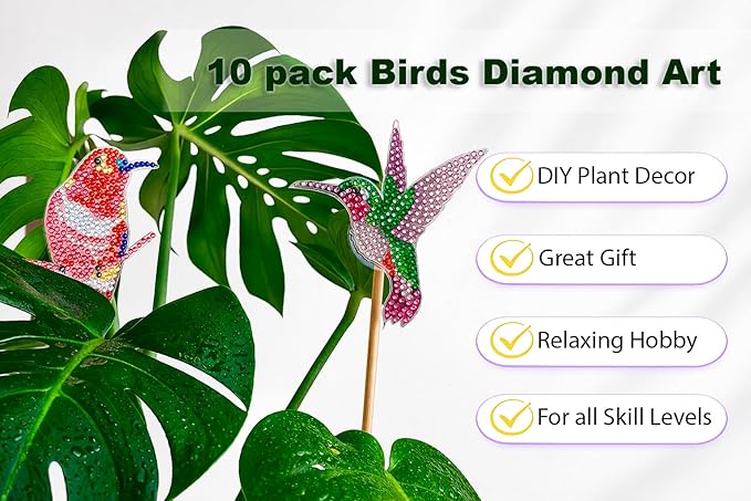 BEAUTYMEHNDI STORE 10 Pack Diamond Art Bird Plant Stakes – DIY Hummingbird Mini Diamond Painting Kit for Adults, Garden Decor for Potted Plants, Gift for Plant Lovers