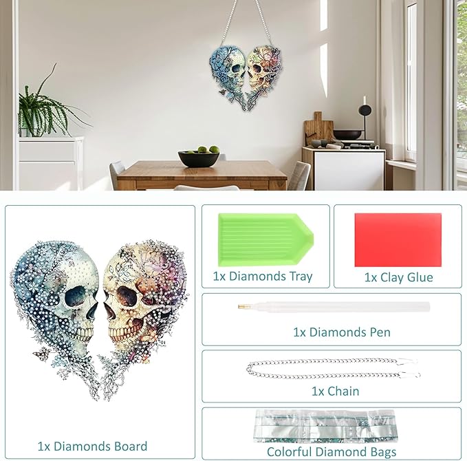 SENQAO Halloween Diamond Art Hanging Kits for Adults Beginners, DIY Acrylic 5D Special Shaped Crystal Diamond Gem Art Painting Hanging Ornament for Home Wall Decor and Gift（Skull Love）