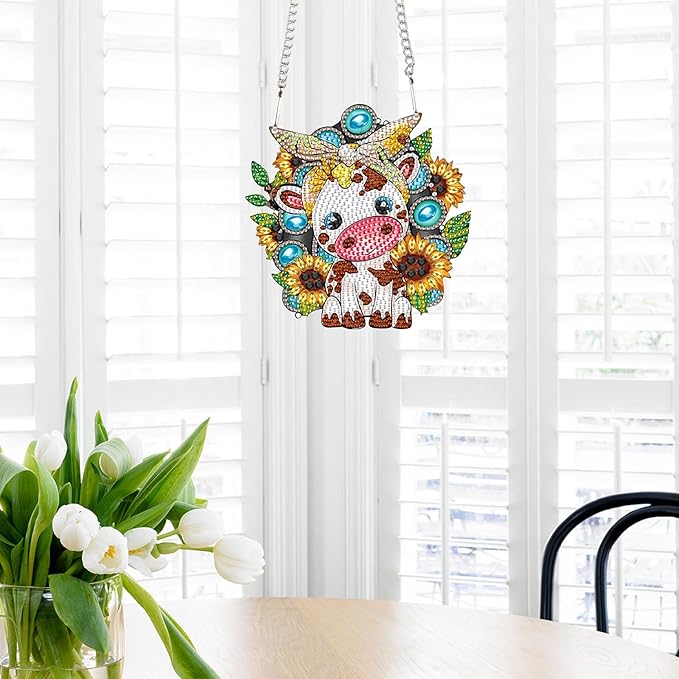 AiYuanzsh Sunflower Cow Diamond Painting Hanging Kit, DIY 5D Crystal Acrylic Pendant Ornament, Diamond Art Hanging for Adults, Window, Wall and Home Decoration, Handmade Cute Art Gift