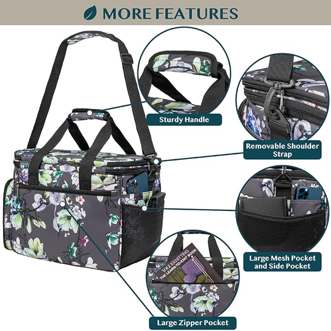 PAVILIA Knitting Bag Yarn Storage Tote, Large Crochet Organizer Bag, Yarn Storage Holder for Crocheting Knitter, Knitting Project Bag, Crochet Accessories Set, Gifts For Crochet Lovers, Floral Gray
