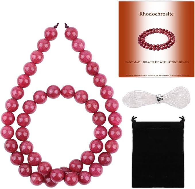 Stone Beads, 45pcs Rhodochrosite, 8mm Round Loose Beads for Jewelry Making, Bracelets, with Bag, String & Card