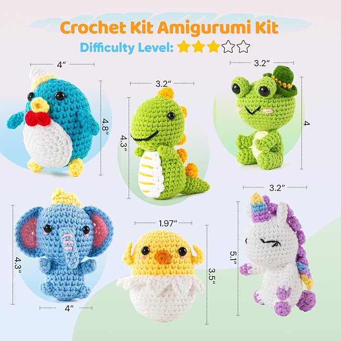 XuanMei GR 6PCS Crochet Kit for Beginners Advanced Crocheters Adults Learn to Crochet Kit Amigurumi Animal Starter Step by Step Video Tutorial