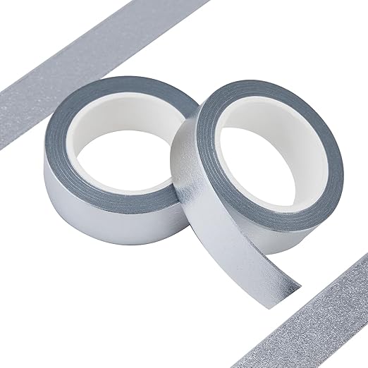 QDiShi 2 Rolls Silver Washi Tape for Wall Decor Decorative,Foil Masking Tape Low Tack Self Adhesive Decorative Washi Tape Metallic 0.59in x66FT Shiny Metallic Color(Silver)
