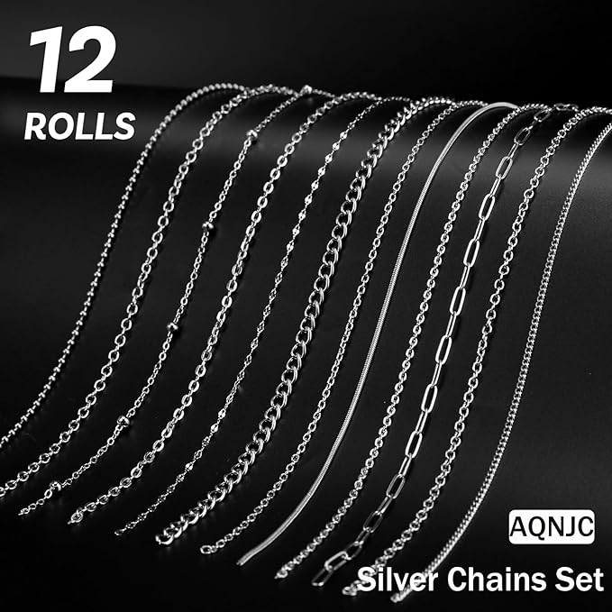 AQNJC Silver Chain for Jewelry Making, 98 Feet 12 Rolls Jewelry Chains with Silver Letter Charms for Women DIY Necklace Bracelet Making Supplies with Jump Rings, Lobster Clasps, Connectors