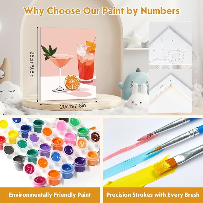 NEWENMO 4 Pack Paint by Numbers for Adults with Wooden Framed, Cocktail Kitchen, Paint by Number Kits on Canvas for Beginner, DIY Acrylic Oil Painting Kits for Home Decor 8x10 inch, Fruit Drink