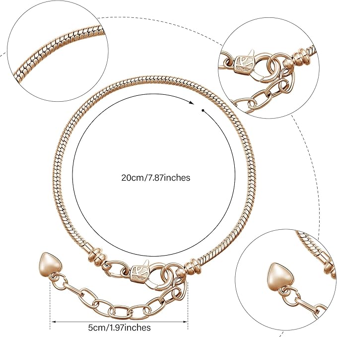 Hicarer 20 Pcs Chain Bracelet for Jewelry Making Women DIY Adjustable Snake Charm Bracelet with Heart Shape Extender Chain(Gold)
