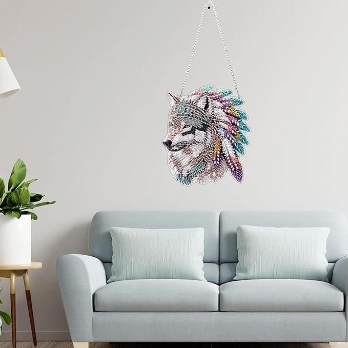 Genius maker Wolf Diamond Art Hanging Kits for Adults, Animal Diamond Painting Pendant Kits, DIY Acrylic 5D Special Shaped Crystal Diamonds Gem Art Painting Ornament for Home Wall Decor Gift 8x8 Inch