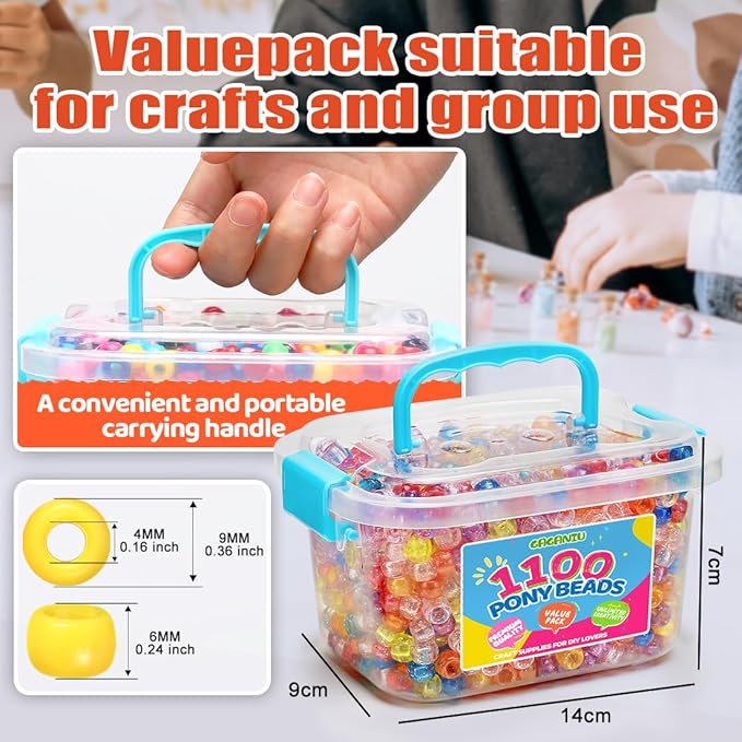 gaganiu pony beads 1100+ pcs – glitter clear plastic kandi beads in jar for bracelets, hair braids, jewelry making & diy crafts