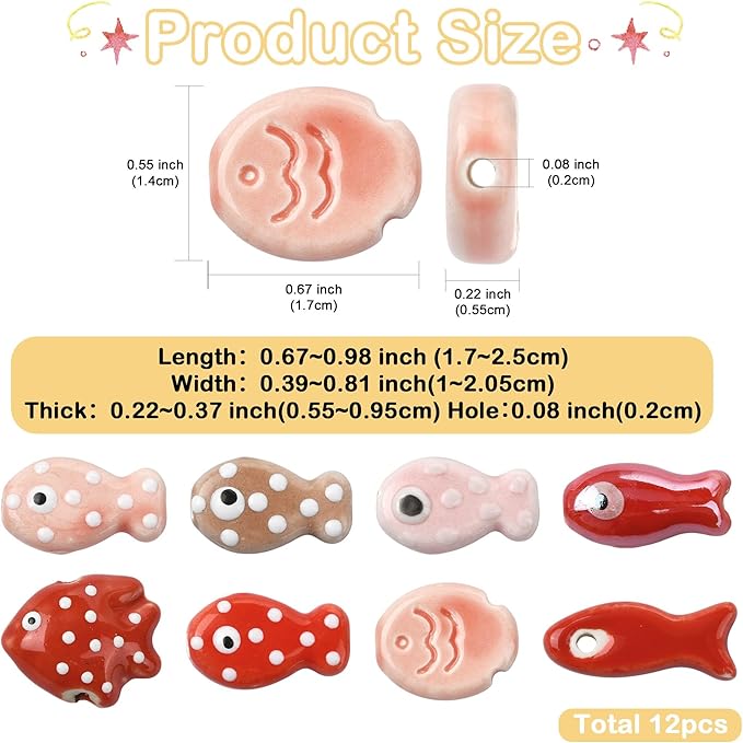 12Pcs Fish Ceramic Porcelain Beads for Jewelry Making 8 Styles Ocean Sea Beach Animal Spacer Beads for DIY Necklaces Earrings Bracelets Keychains Jewelry Findings Accessories