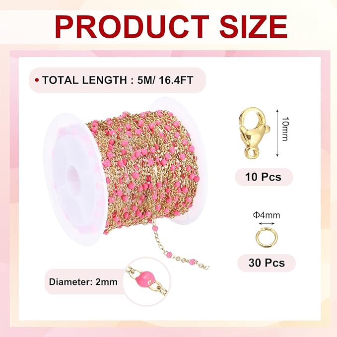 MECCANIXITY Stainless Steel Bead Chain, 16.4 Feet/5M Enamel Beaded Jewelry Link Cable Chains Spool Kit for Jewelry Making, Necklace, Bracelets, DIY Crafts (Gold/Rose Red, Pack of 1)