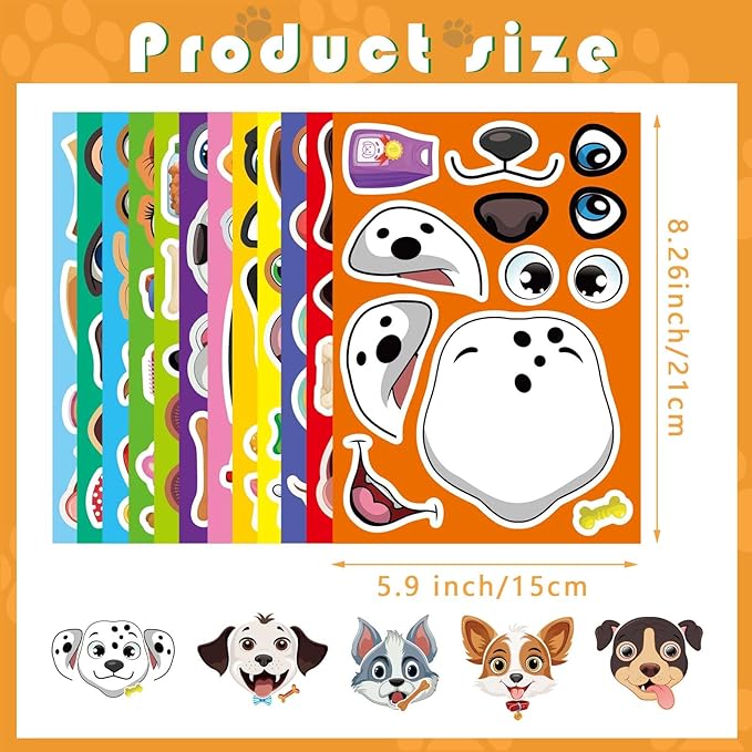 48 sheets dog stickers,make a face stickers for kids, make your own dog sticker, animal sticker for kids 3-5, brithday gift party favors, teacher reward classroom games craft