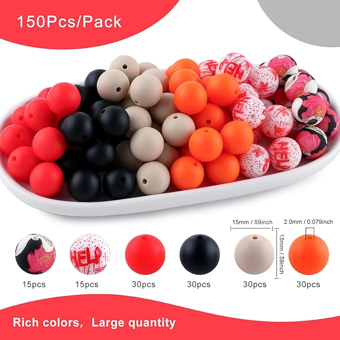 150Pcs Mixed Color 15mm Silicone Beads for Keychain Making, Red Orange Halloween Print Silicone Beads for Pens and Bracelet Jewelry Making