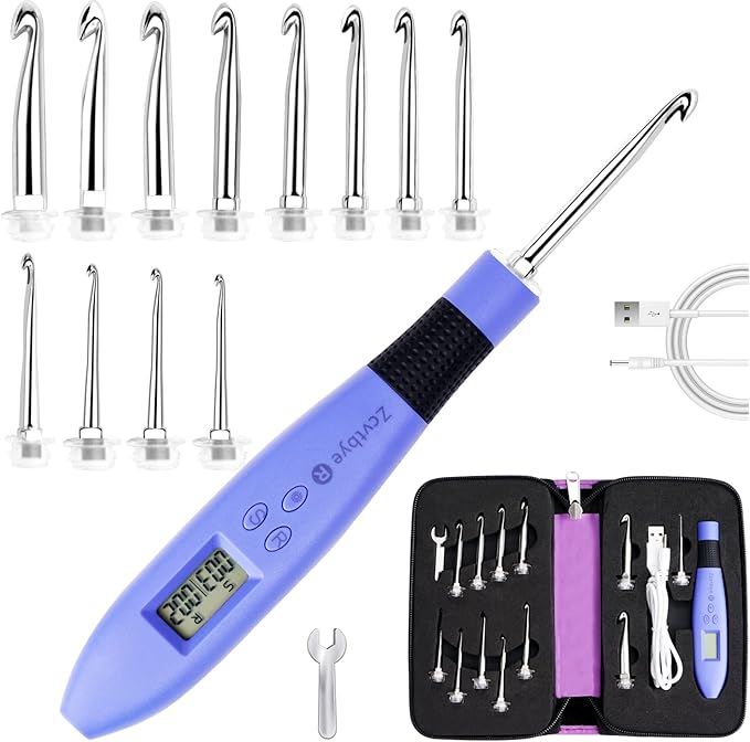 Counting Crochet Hook Set with Case – 12 Sizes Interchangeable Metal Heads (2.0–8.0mm), Rechargeable Light Up Crochet Hook with Digital Counter, Ergonomic Crochet Hooks Kit for Beginners & Experts