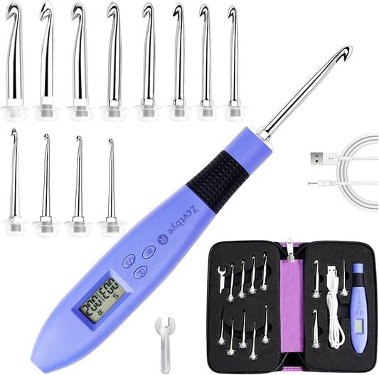 Counting Crochet Hook Set with Case – 12 Sizes Interchangeable Metal Heads (2.0–8.0mm), Rechargeable Light Up Crochet Hook with Digital Counter, Ergonomic Crochet Hooks Kit for Beginners & Experts