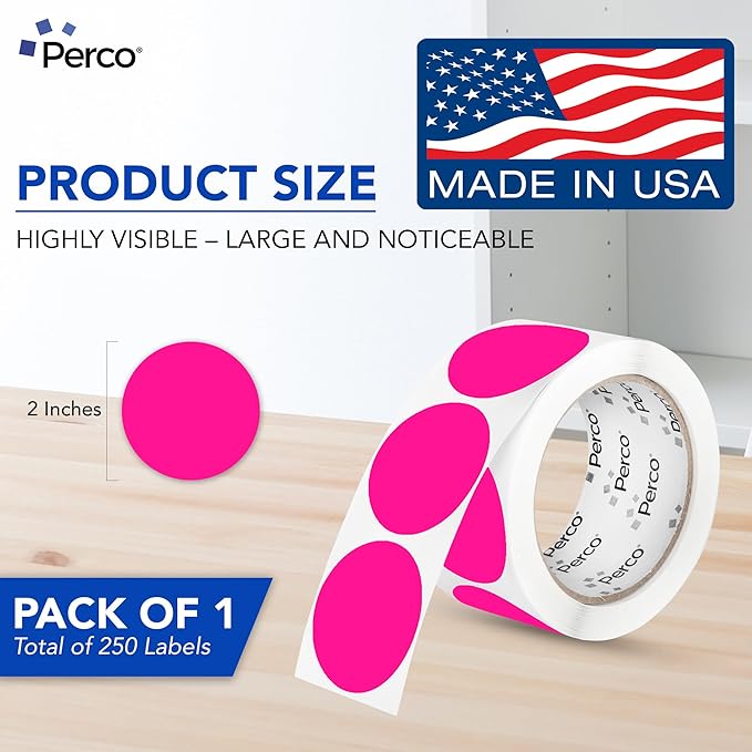 perco fluorescent pink 2-inch perforated circle dot sticker labels — 250 round stickers per roll — with permanent adhesive for organizing, color coding, bin labeling, packaging alerts — made in usa