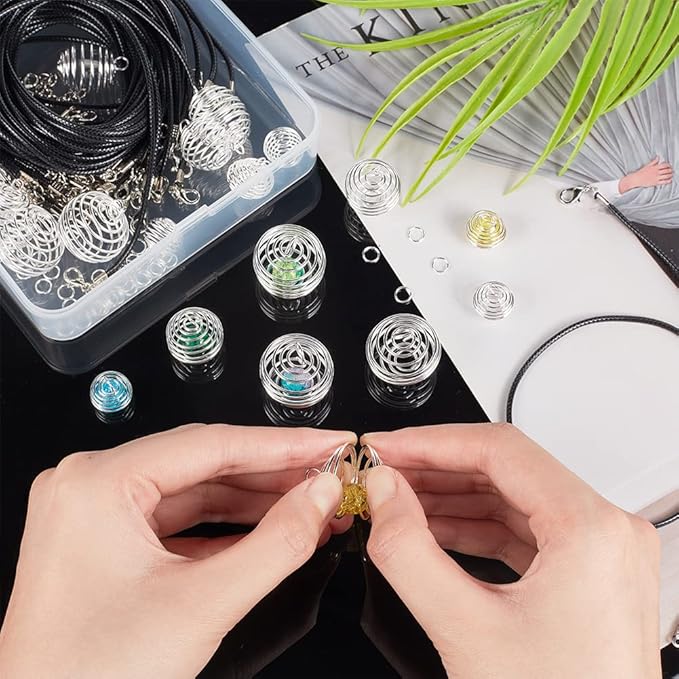 PH PandaHall Iron Crystal Holder Necklace Kit, 24pcs 3 Sizes Spiral Stone Tumbled Rock Bead Cage with 24pcs 17" Waxed Cotton Necklace Cord 50pcs Jump Rings for Lucky Charms,14/20/25mm